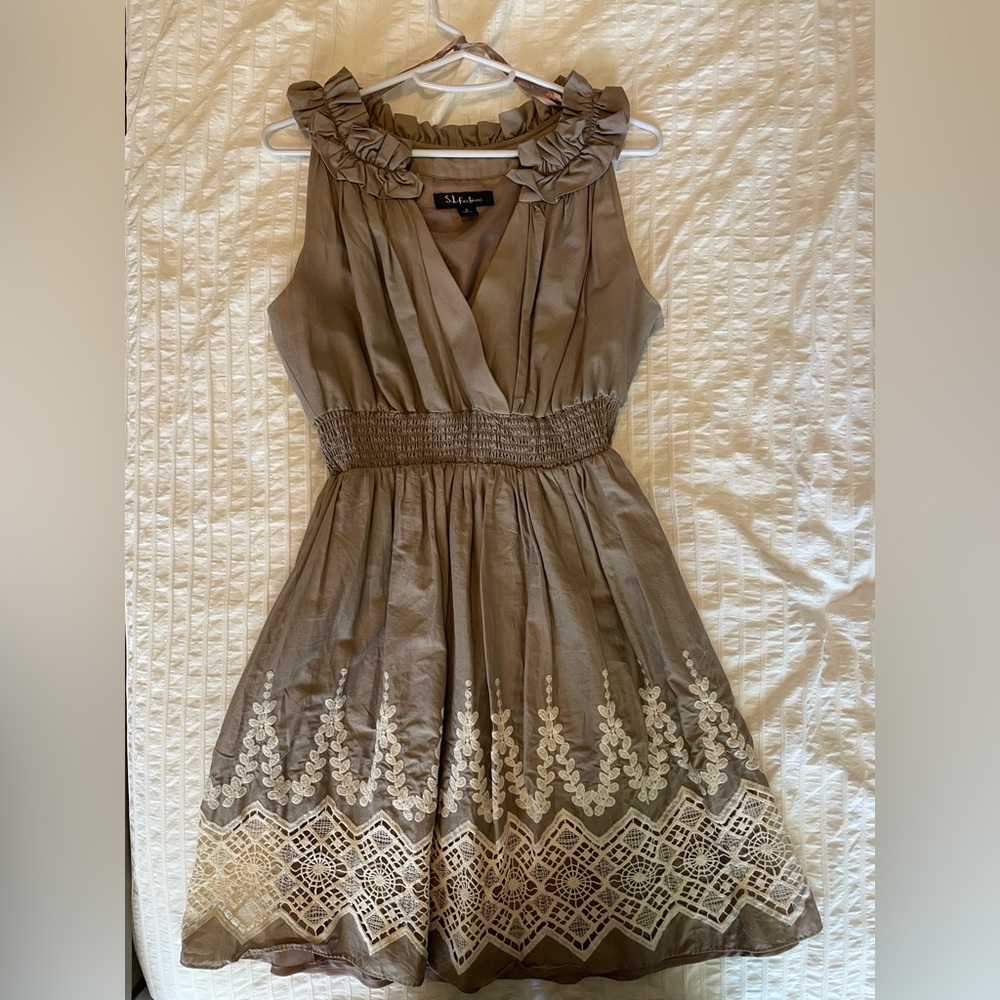 S.L. Fashions Taupe Sleeveless Dress with Ruffle Detail